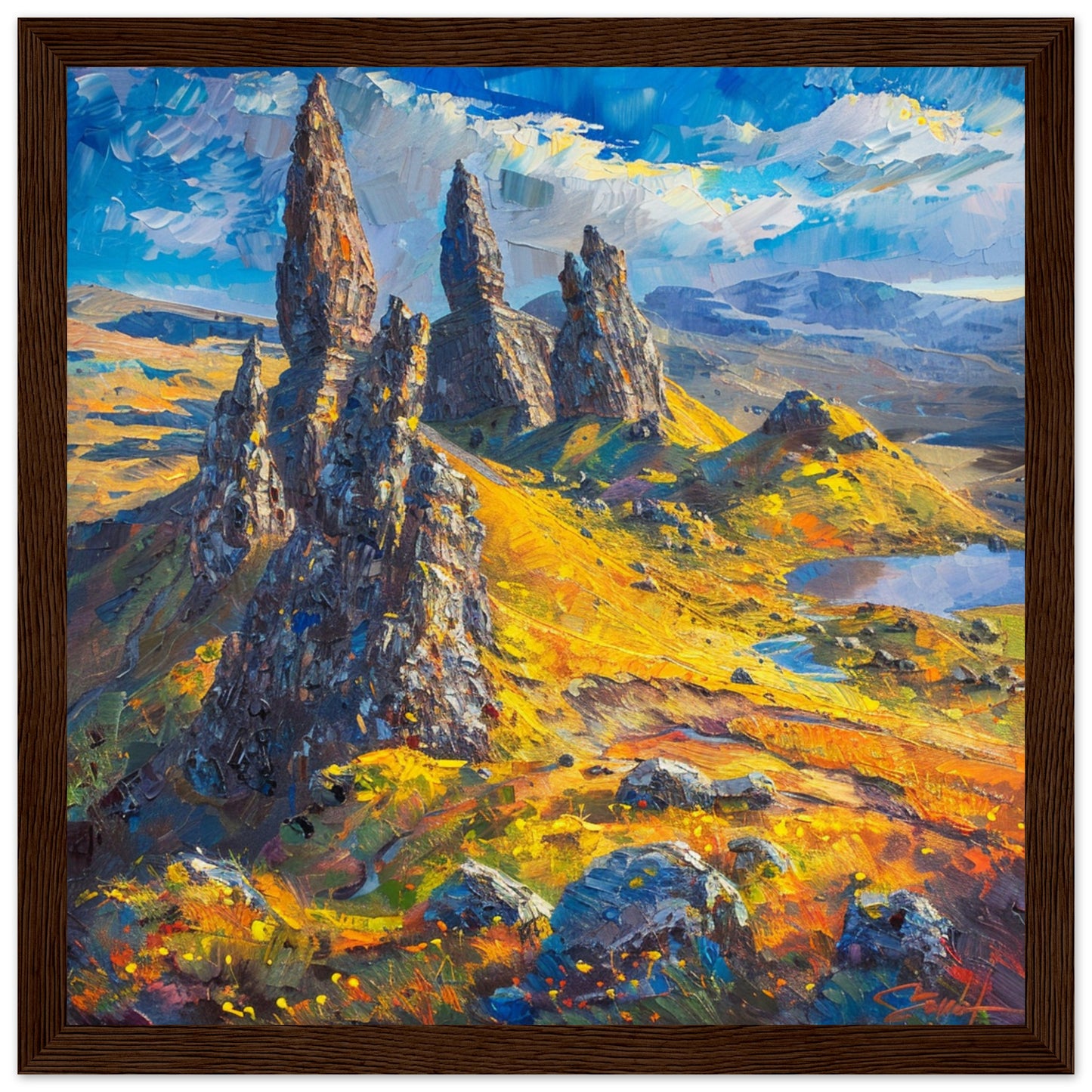 Skye’s Old Man of Storr in Autumn Light dark wood framed art print | By Print Room Ltd