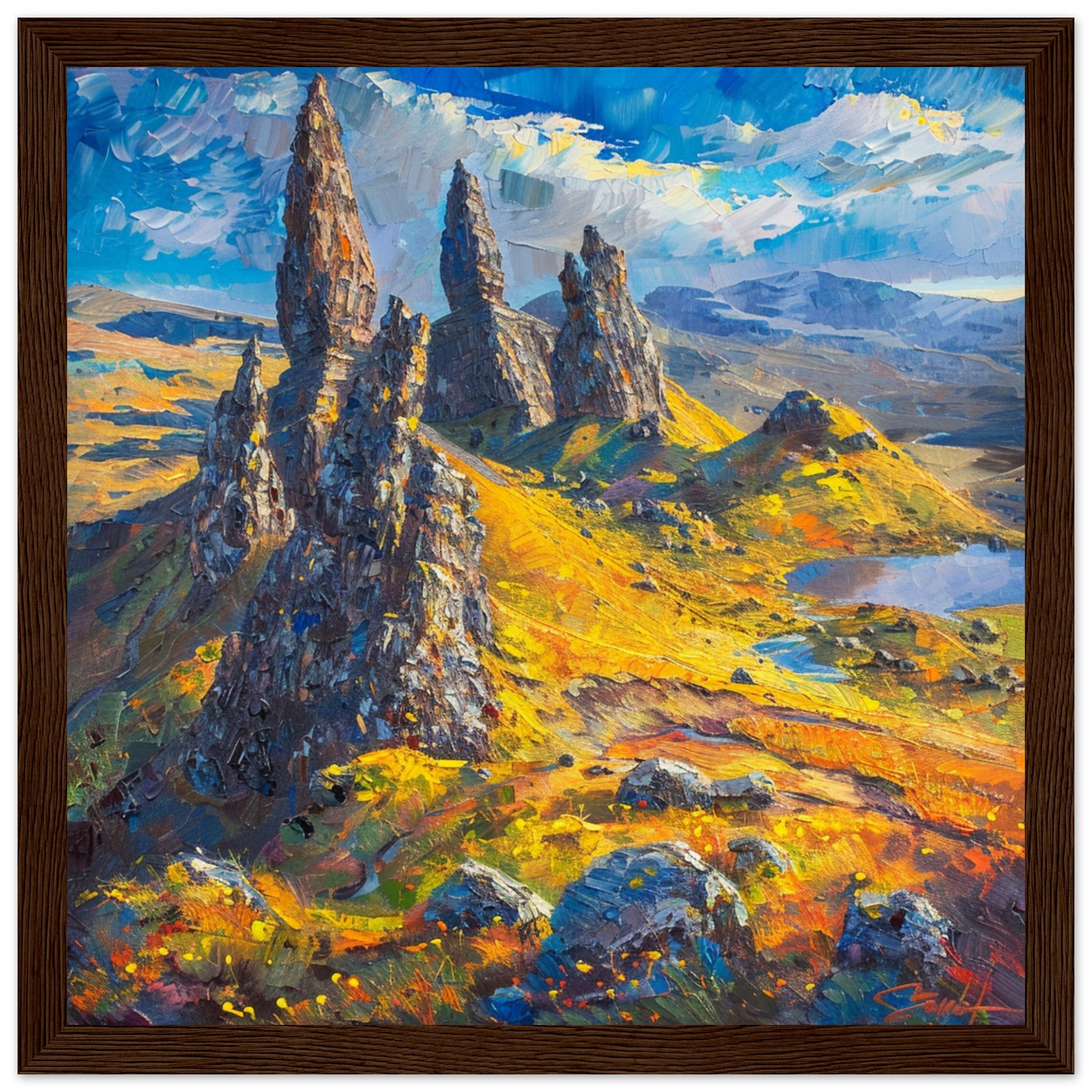 Skye’s Old Man of Storr in Autumn Light dark wood framed art print | By Print Room Ltd