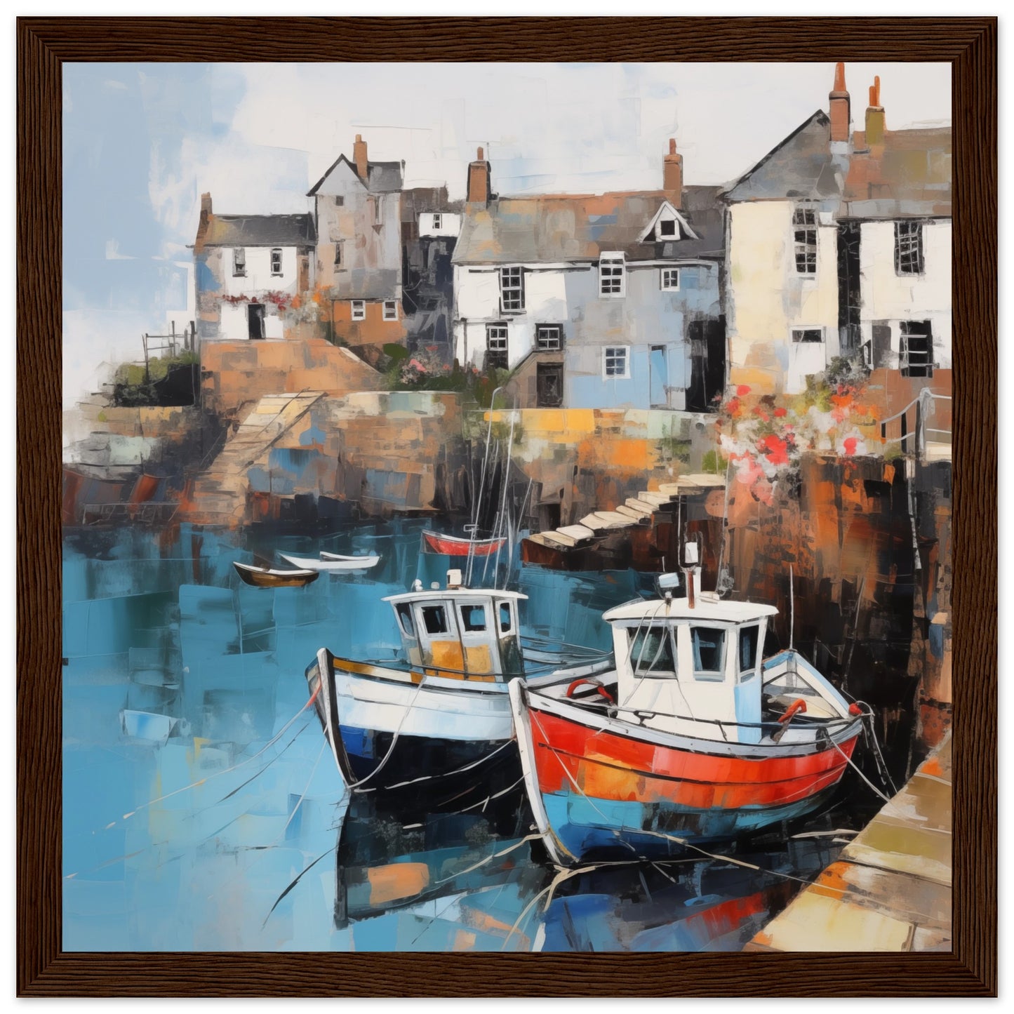 Port Isaac Seascape Artwork Prints - Print Room Ltd Dark wood frame 70x70 cm / 28x28"