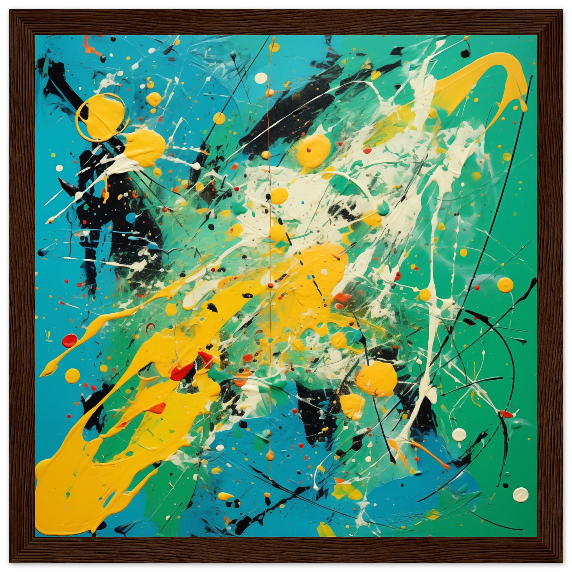 Artwork in Pollock Style Abstract #46 Dark wood frame 50x50 cm / 20x20"